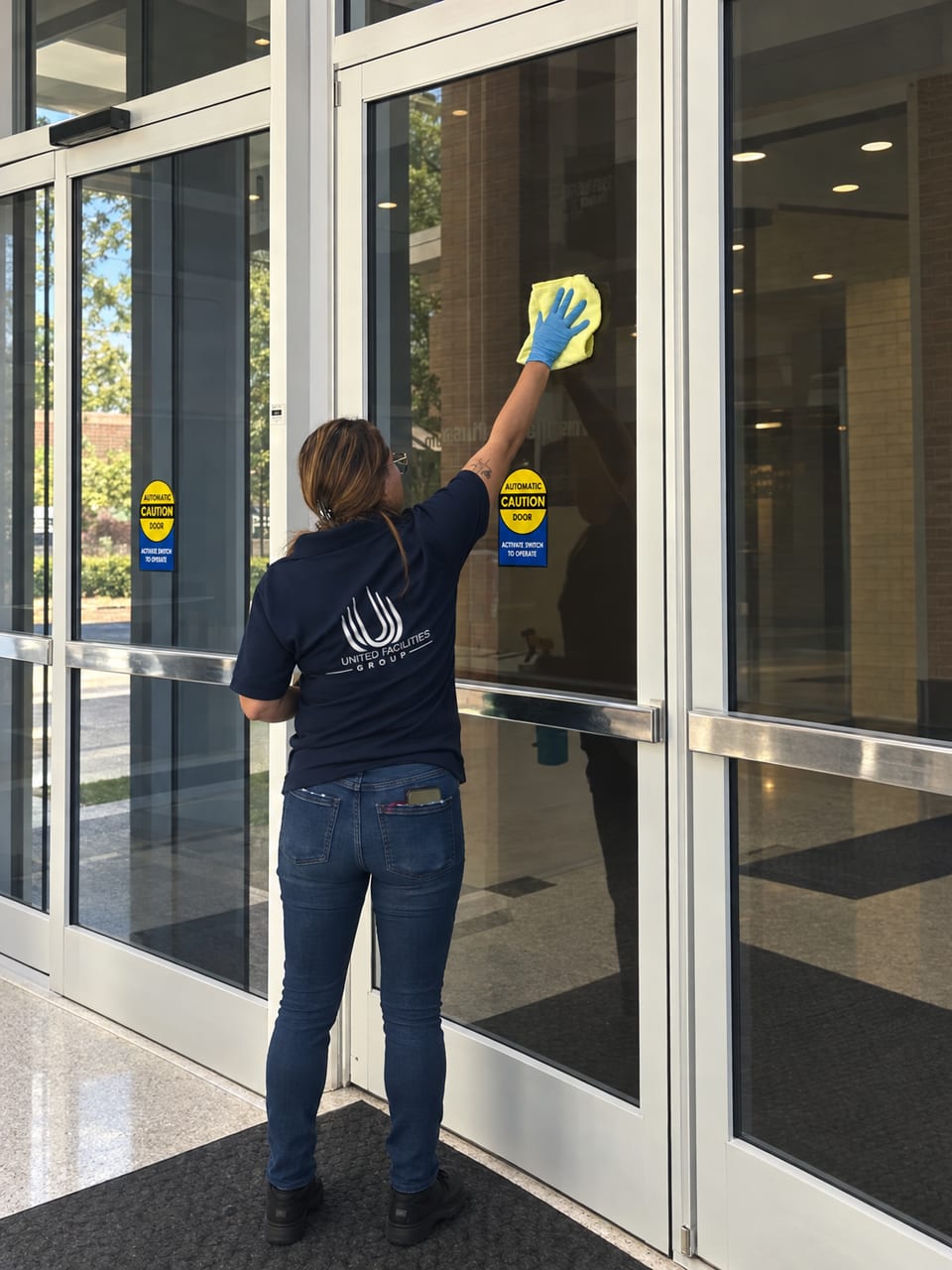 A UFG team member in a navy UFG shirt and blue glove wipes the glass of an automatic entrance door with a yellow cloth