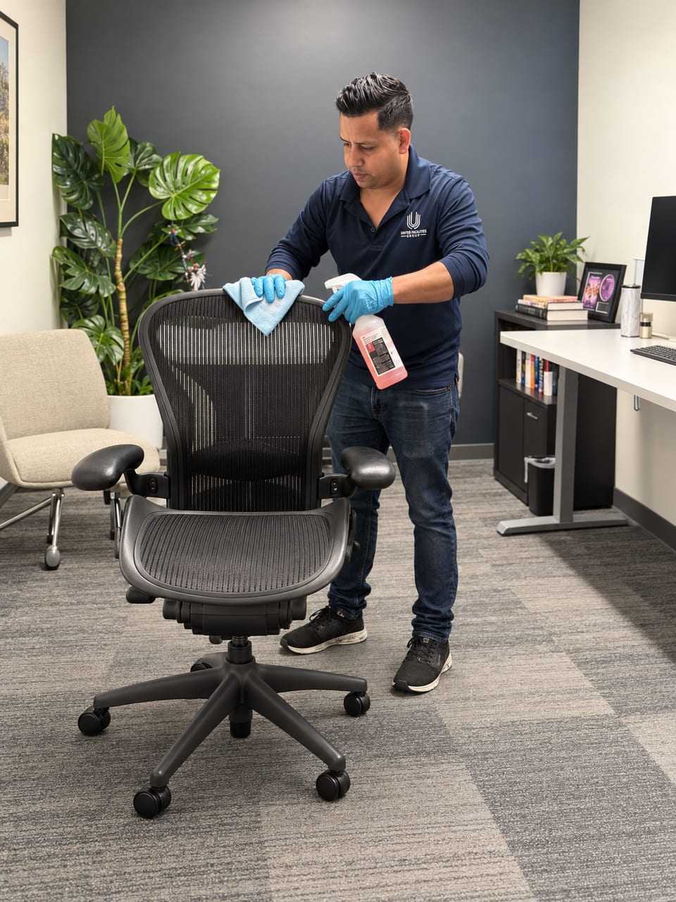 A UFG technician in a navy UFG polo and blue gloves wipes down a mesh office chair with a cloth and spray bottle