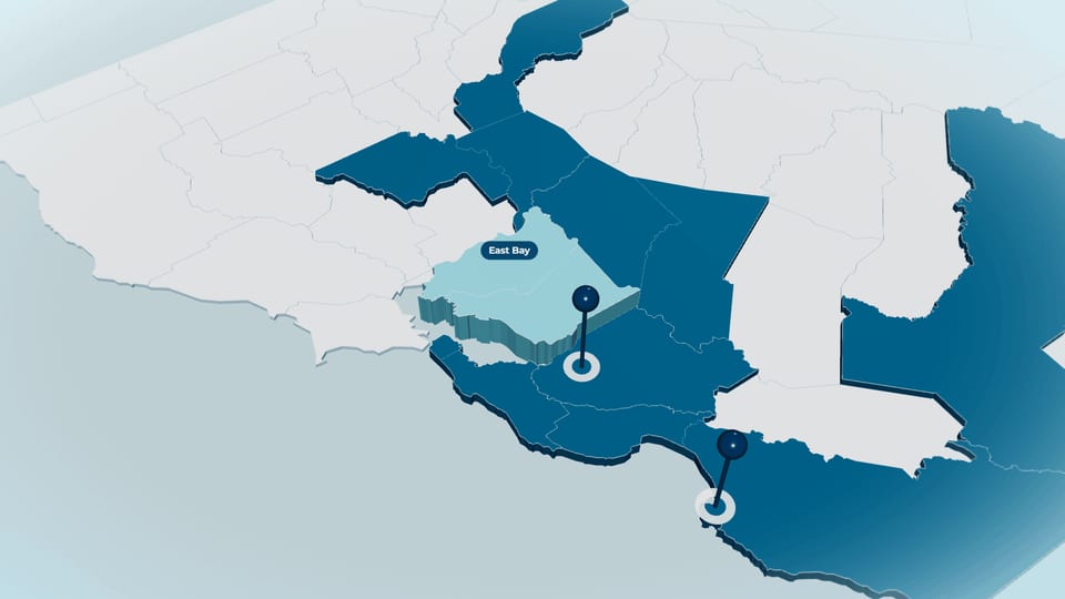 3D map of Northern California with the East Bay region highlighted in pale blue and labelled, other regions dark blue