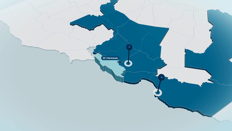3D map of Northern California with the San Francisco Peninsula highlighted in pale blue and labelled, other regions dark blue