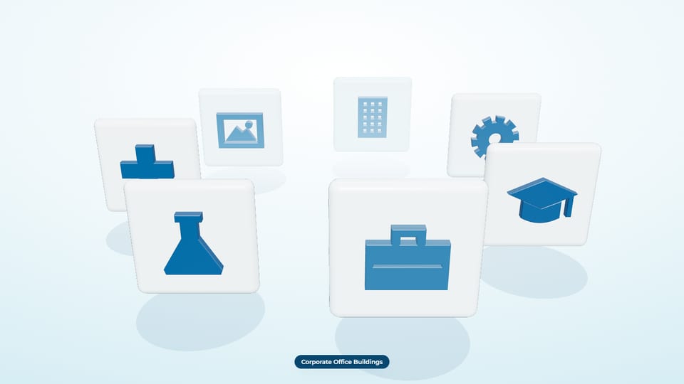 Seven 3D icon tiles in a ring with a briefcase in front, labelled Corporate Office Buildings