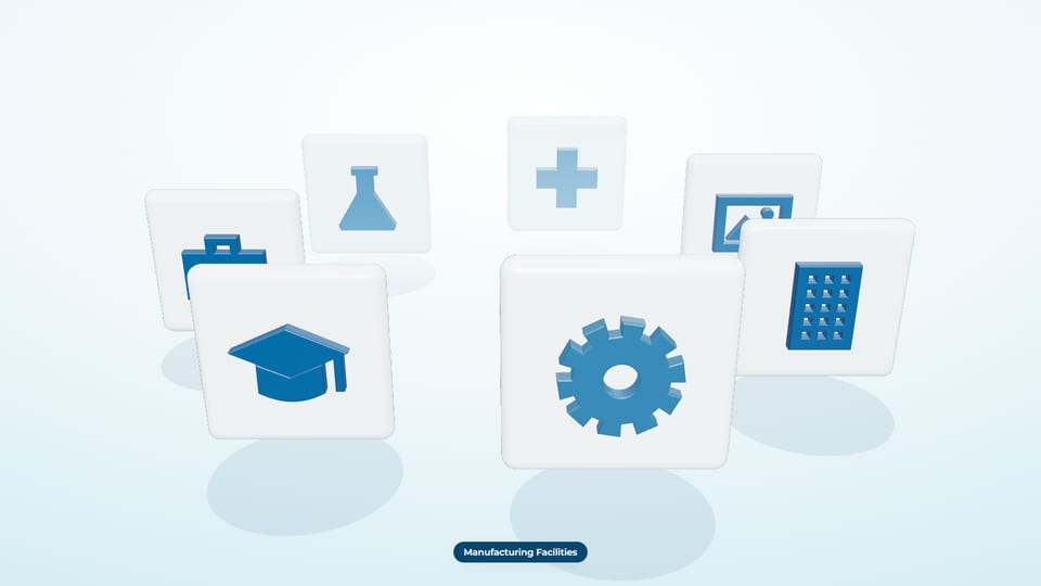 Seven 3D icon tiles in a ring with a cog in front, labelled Manufacturing Facilities