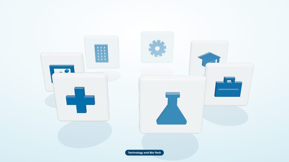 Seven 3D icon tiles in a ring with a lab flask in front, labelled Technology and Bio-Tech