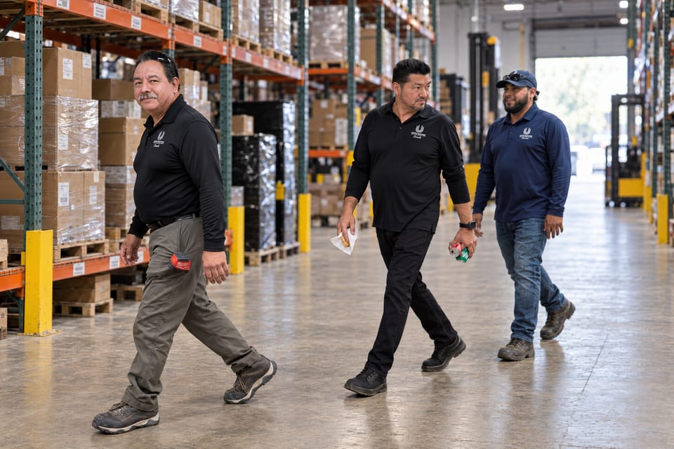 Three men in black and navy UFG shirts walk through a warehouse aisle between tall pallet racks stacked with boxes